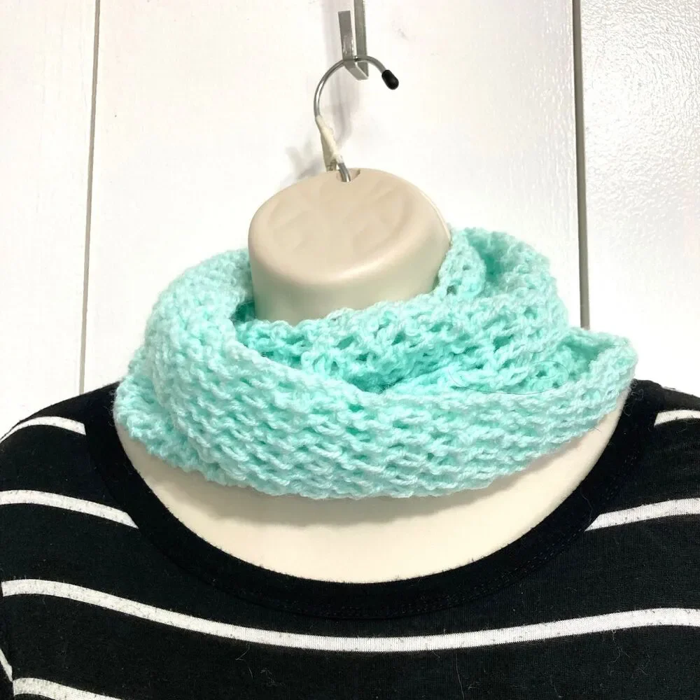 Infinity Scarf Light Teal Blue Windowpane Crochet Design 40 x 7.5 inches